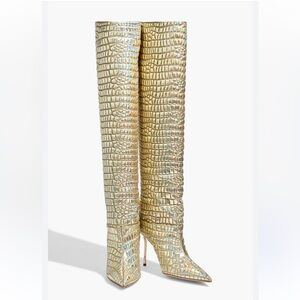 Aquazurra Boreal Metallic Gold Croc-Embossed Over-The-Knee
Boots - size 37.5 EUC